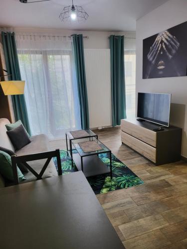 波兹南Moon Apartments Poznań的客厅配有电视和桌椅
