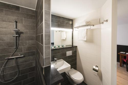 马斯特里赫特马斯特里赫特中心巴斯蒂欧酒店的一间带水槽、卫生间和淋浴的浴室