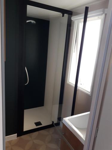 雷日卡普费雷charmant Mobil-home climatisé - Cap ferret的带淋浴、盥洗盆和镜子的浴室