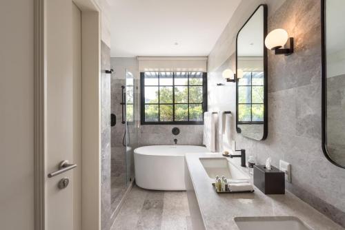 墨西哥城The Amsterdam-Luxury Plus by Viadora的一间带浴缸和大镜子的浴室