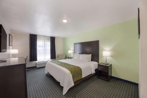 克莱顿Quality Inn & Suites的酒店客房设有一张大床和两盏灯。
