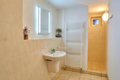 耶塞尼克莫纳旅馆的浴室配有白色水槽和淋浴。
