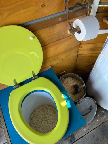 Mas-ThibertLa Roulotte Cavalière, au cœur d'une manade en Camargue的浴室设有绿色卫生间和一卷卫生纸。