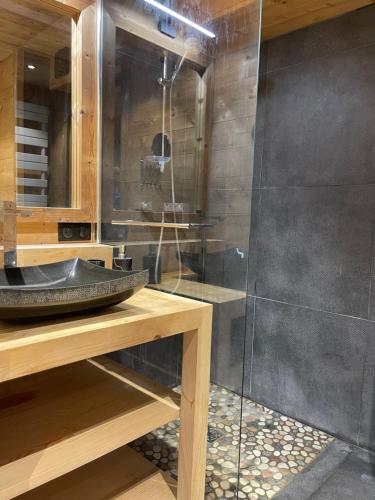 代米考迪亚Marmotte du Jaillet Cosy and charmant appartement的一间带水槽和玻璃淋浴的浴室