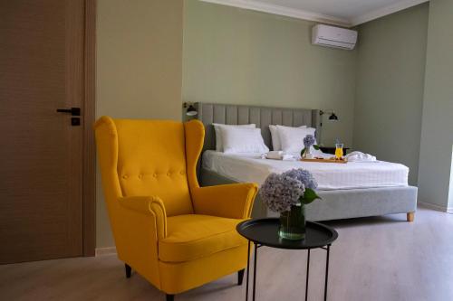 谢赫维蒂利Buxus Hotel Shekvetili的一间卧室配有一张床、一张黄色椅子和一张桌子