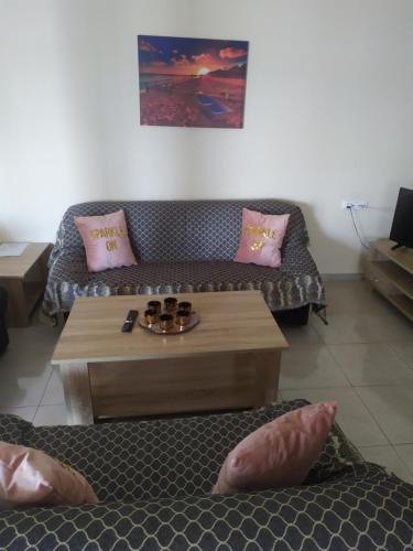 卡瓦拉Aegean View Apartment的带沙发和咖啡桌的客厅