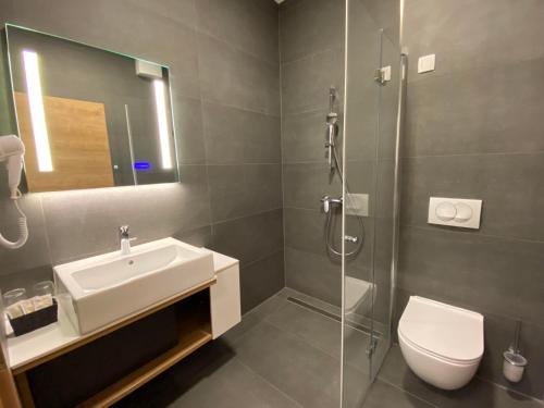 斯洛文尼亚比斯特里察莱昂纳多酒店的浴室配有卫生间、盥洗盆和淋浴。