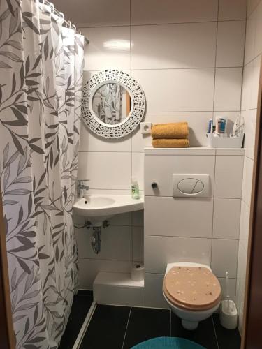 班贝格Gemütliches zwei Zimmer Apartment的浴室配有水槽、卫生间和浴帘