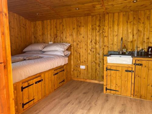 里辛Vale View Glamping的小屋内一间卧室配有床和水槽