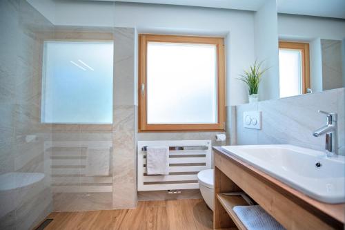 奥蒂塞伊Apartments Cesa Ploner的一间带水槽和卫生间的浴室以及窗户。