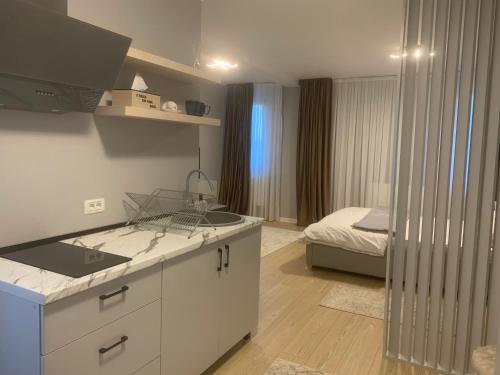 塔古玖EM04- Studio premium的一个带水槽的厨房和一张位于客房内的床