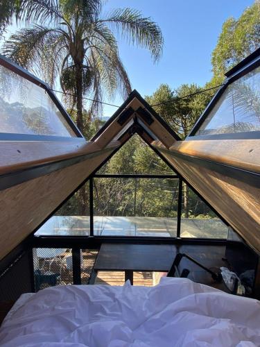 坎波斯杜若尔当Toca do Pica-Pau - Tiny House em Campos com Lareira e privacidade!的棕榈树景帐篷内的一张床