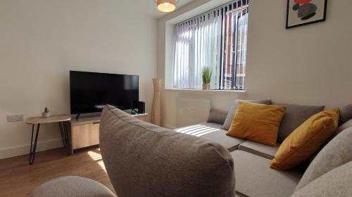 伯明翰Treasured 1 Bedroom Jewellery Quarter Apartment的带沙发和平面电视的客厅