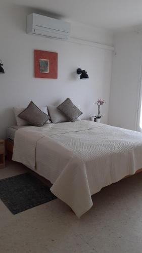 佩皮尼昂Bel appartement avec grande terrasse ensoleillée et jardin的白色卧室配有一张带枕头的大白色床