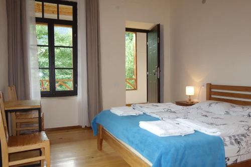 梅斯蒂亚山景旅馆的一间卧室配有一张带蓝色床单的床和一扇窗户。