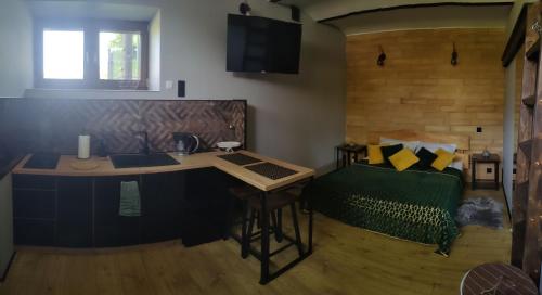 梅图耶河畔特普利采Zdomek的一间客房配有书桌和一张位于客房内的床。