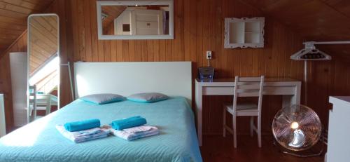 库瑞尼卡慕斯卡Pokoje Gościnne - U Wiktorii的一间卧室配有一张带枕头和桌子的床