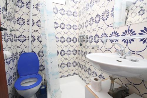 马斯林尼察Apartments by the sea Maslinica, Solta - 5188的浴室设有蓝色的卫生间和水槽。