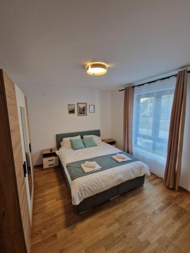 索科矿泉村Nina Apartman 2的一间卧室设有一张床和一个大窗户