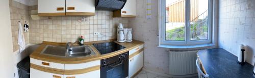 DunningenSchwarzwald - Gemuetliches 2 Zimmer Apartment!的一个带水槽和窗户的小厨房