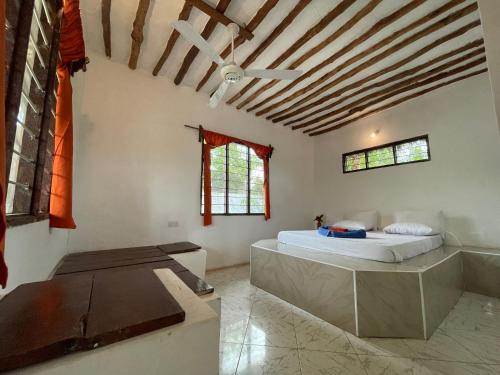 米查维Botanica Eco Lodge的一间卧室配有一张床和吊扇