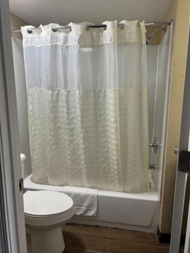 纽波特纽斯Super 8 by Wyndham Newport News的带淋浴帘和卫生间的浴室