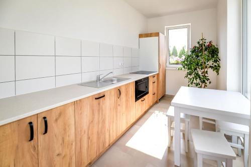 扎托尔KempingZator Namioty的厨房配有木制橱柜和白色台面