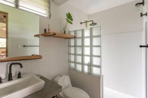 TorioCasa Melina Torio Cozy upscale 2bd jungle House的白色的浴室设有水槽和卫生间。