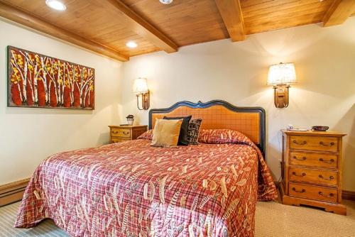 范尔1 Bedroom In Lionshead Village - Antlers At Vail的卧室配有一张床,墙上挂有绘画作品