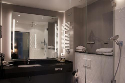 美因河畔法兰克福欧洲风格酒店的一间带水槽和镜子的浴室