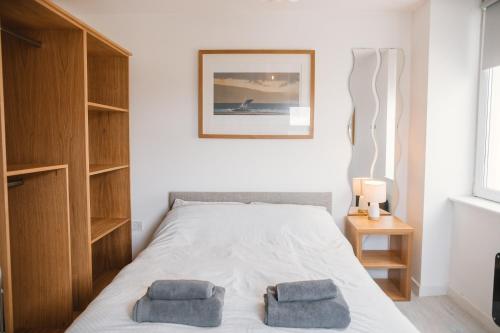巴里Barry Island Beachfront Apartment - Stunning Bay Views and Private Parking的一间卧室配有一张带两个枕头的床