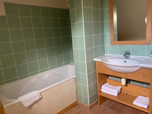 埃尔顿Cottage Duplex golf de Limère prox Orléans的一间带水槽、浴缸和镜子的浴室