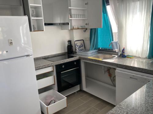米拉斯Sahil Aparts - Güllük的一间带水槽和冰箱的小厨房