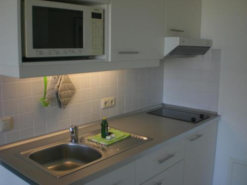 阿伦斯霍普简和贾纳度假公寓的厨房配有水槽和微波炉