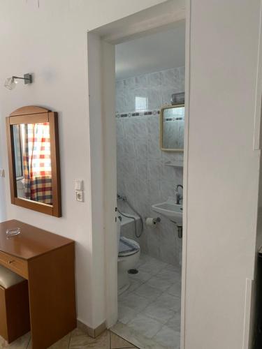 毕达哥利翁Hotel Damo的一间带卫生间、水槽和镜子的浴室