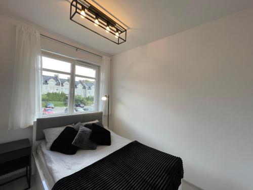 格丁尼亚Modern Box Apartment的一间卧室设有一张床和一个窗口