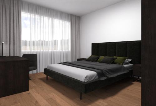 格伦兴MOOI Apartments Grenchen的一间卧室设有一张大床和一个大窗户
