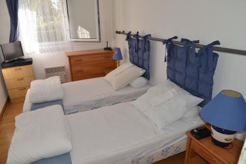 阿尔宗Appartement 2 pièces RDC jardin dans résidence avec piscine的客厅配有两张床和蓝灯