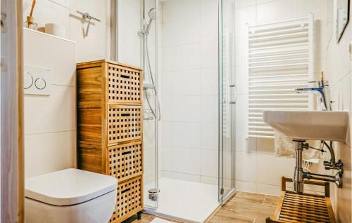 GaasFerienhaus Gaas Weinberg的带淋浴、卫生间和盥洗盆的浴室