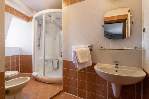 托伦波洛尼亚酒店的一间带水槽、卫生间和淋浴的浴室