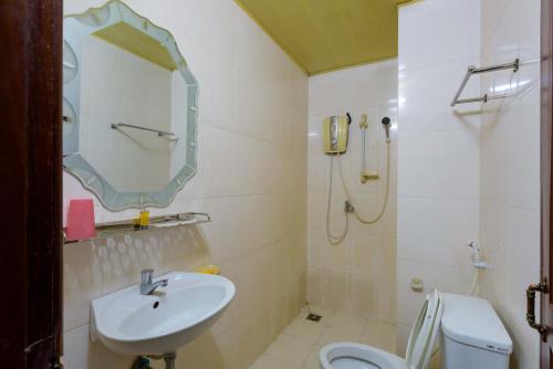 暹粒Happy Heng Heang Guesthouse的一间带水槽、卫生间和镜子的浴室