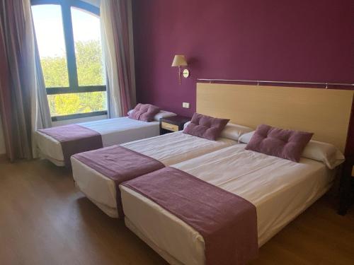 阿兰约兹Hotel Equo Aranjuez的紫色墙壁的酒店客房内的两张床