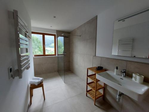 滨湖采尔彼得度假屋的白色的浴室设有水槽和淋浴。