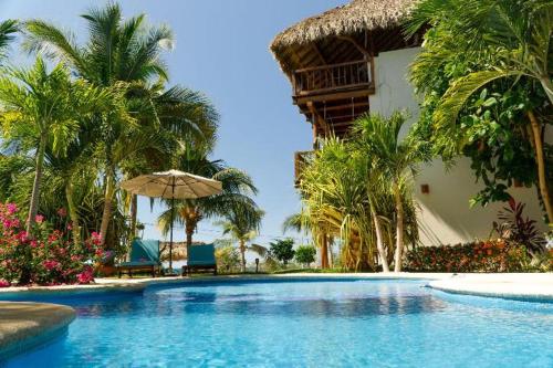 特隆戈内斯Hotel Bajito Bay的一个带遮阳伞和棕榈树的游泳池