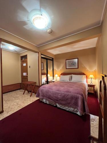 康塞普西翁Hotel Mosul的一间卧室配有一张大床和紫色毯子