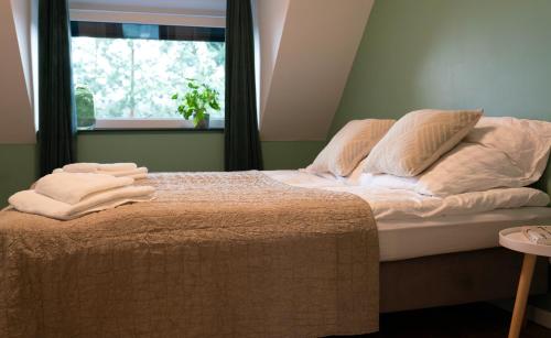 翁格罗维茨Mięta的一张铺有白色床单的床和一个窗户
