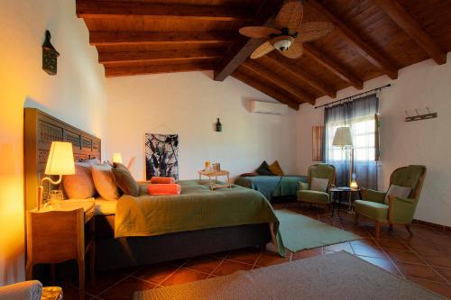 楼尔Cosy Farmhouse Quinta da Eira 140 years old的一间卧室设有一张床和一间客厅。