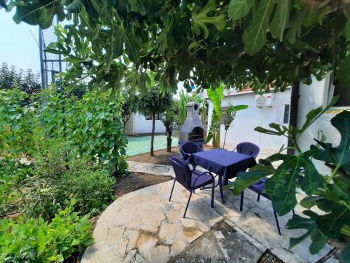 巴尔El Sol Apartmani的树下带椅子和桌子的庭院