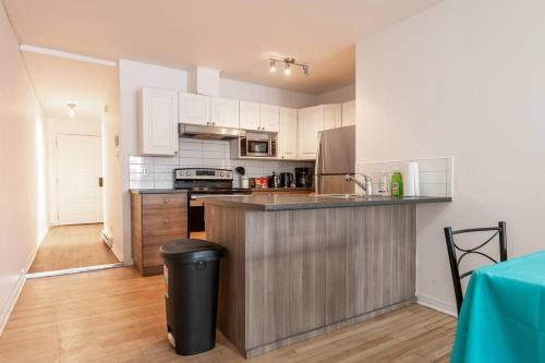 蒙特利尔LOVELY RENTAL UNIT WITH BALCONY~ AUTOROUTE 40的厨房配有白色橱柜和垃圾桶