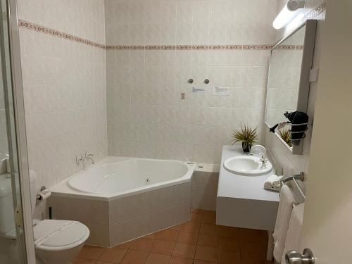 贝尔蒙特湖景汽车旅馆 的带浴缸、卫生间和盥洗盆的浴室